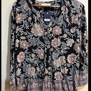 NWT Lucky Brand Long Sleeve Floral Print Top - Black/ 2X